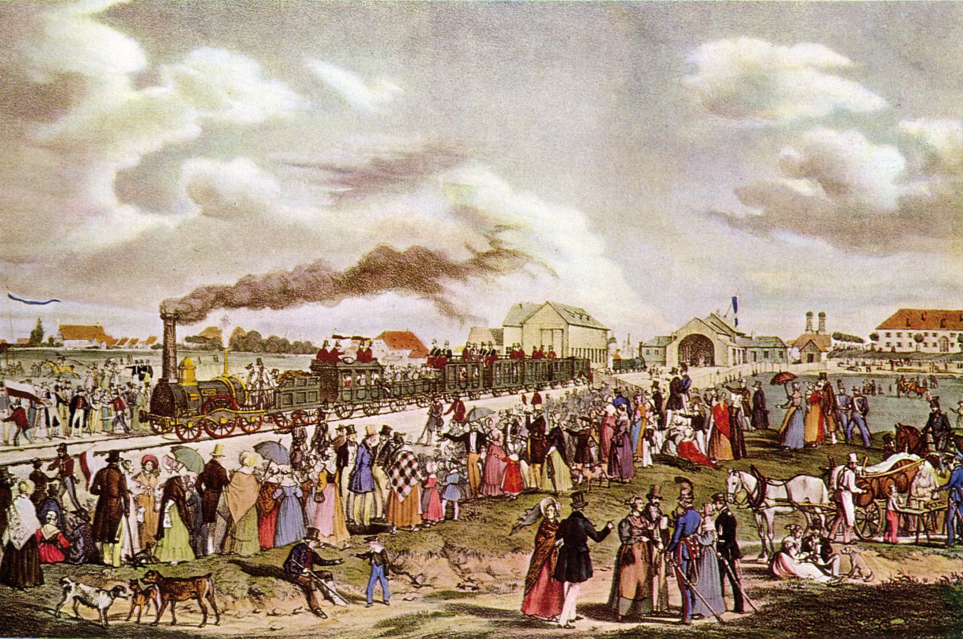 Historische Darstellung der ersten Eisenbahnfahrt von München nach Augsburg im Jahr 1839