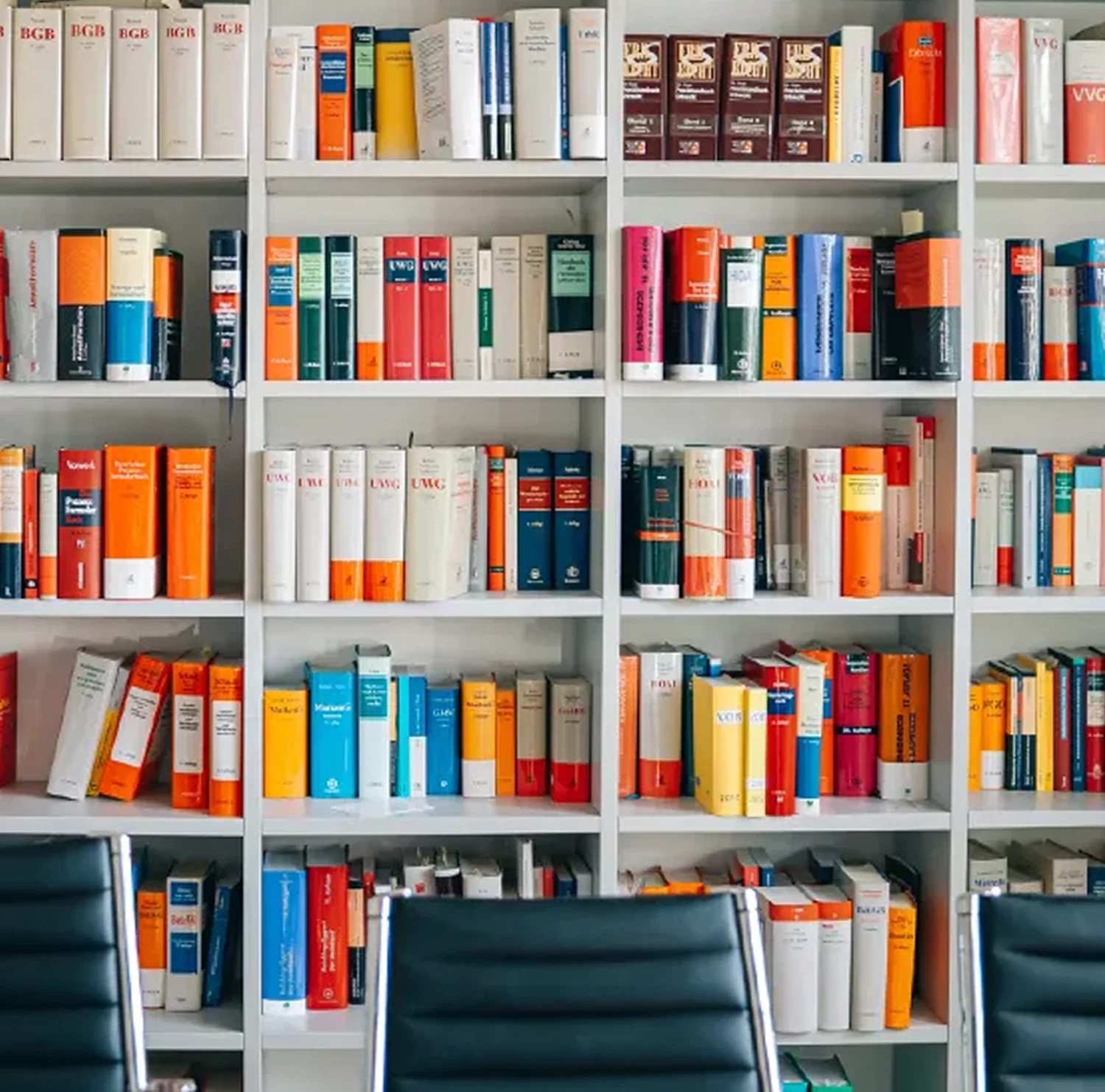 Bücherregal mit juristischen Fachveröffentlichungen in der Kanzlei Kreuz